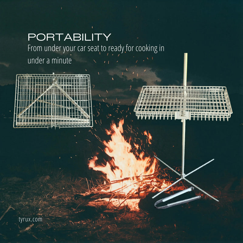 Tyrux Campfire Grill portability: goes from under your car seat to ready for cooking in under a minute