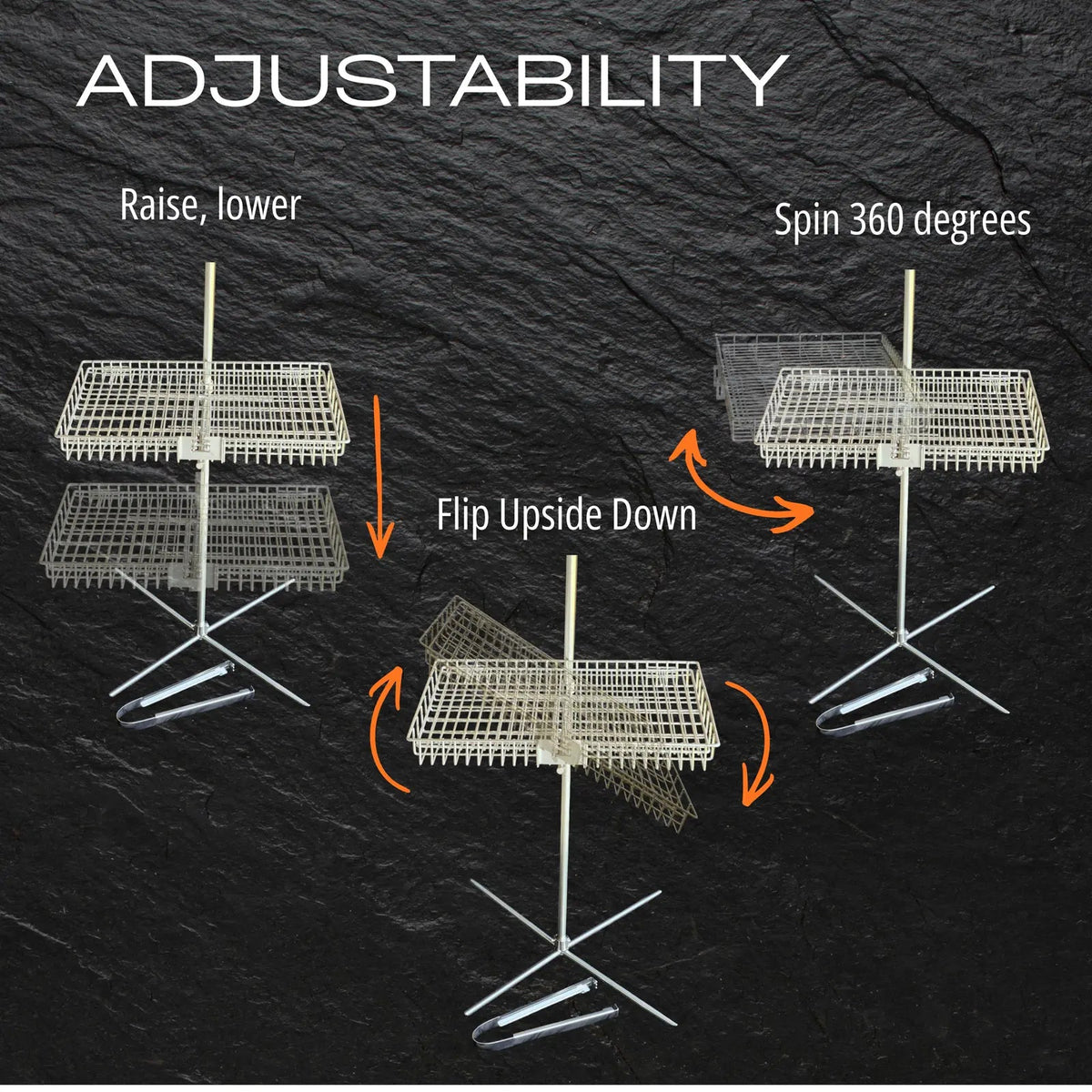 Tyrux Campfire Grill adjustability: raise or lower the basket, flip it upside down, and spin it 360 degrees
