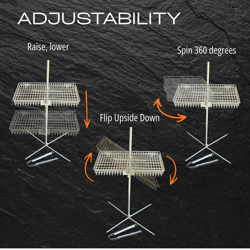 Tyrux Campfire Grill adjustability: raise or lower the basket, flip it upside down, and spin it 360 degrees